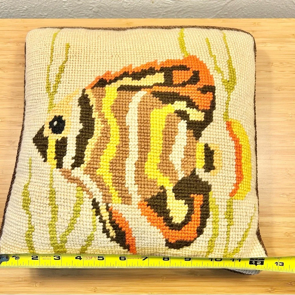 Vintage Needlepoint Tropical Fish Corduroy Handmade Cross Stitch Pillow 12 x 12